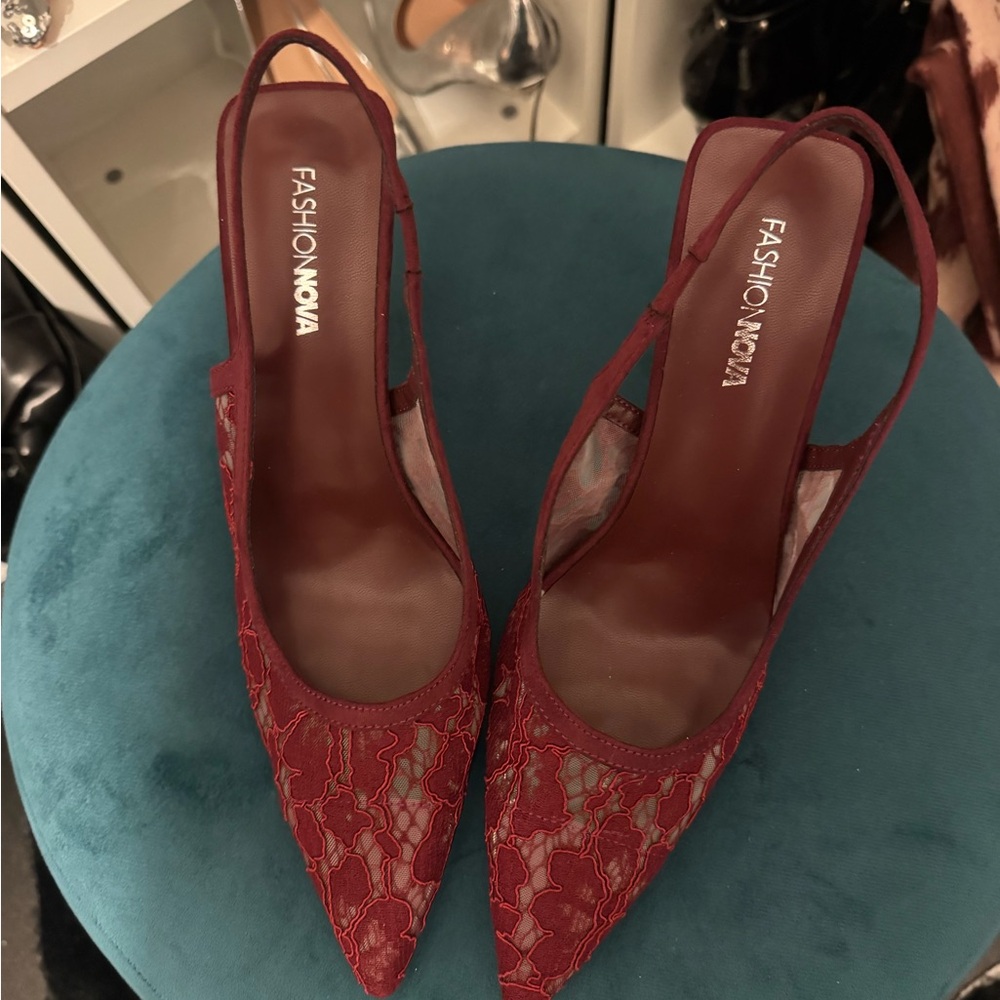 Fashion Nova Burgundy Lace Pointed Slingback Heels